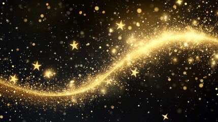 Magic gold dust trail with star shaped sparkles on dark transparent background. Realistic vector illustration of circle and wave path of shine glitter and shimmer particles. Can be used as png.