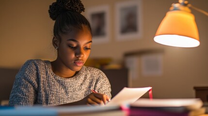 A young woman sitting in a quiet dorm room, illuminated by a desk lamp, intensely focused on a notebook while surrounded by study materials
