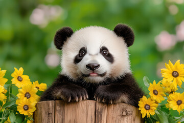 Fototapeta premium cute panda peeking over wooden log surrounded by bright yellow flowers, evoking sense of joy and playfulness