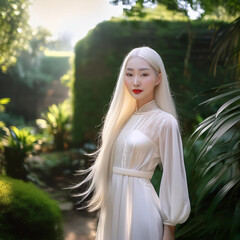 Young Woman in White Dress Surrounded by Greenery
