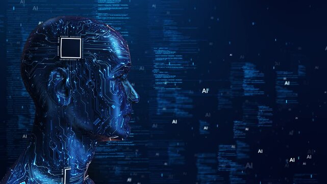 Futuristic AI tech machine learning Cyber Technology Innovation Artificial intelligence cyber brain animation. Modern robot revolution circuit board Digital Big Virtual Data Flow Deep Learning concept