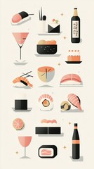 Pastel-colored minimalist food icon set, combining elegant simplicity with modern culinary design elements