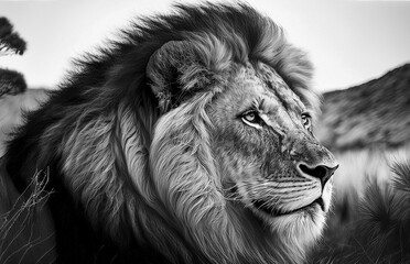 Generated drawing of a lion in black and white hyperrealistic image