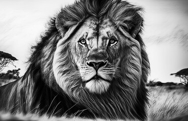 Generated drawing of a lion in black and white hyperrealistic image