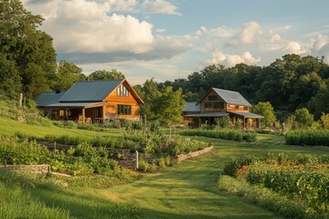 Obraz premium Wooden houses, garden, grassy hillside, sunny day.