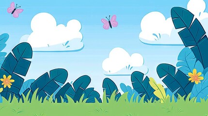 A vibrant, cartoon-style landscape with greenery, clouds, and butterflies.