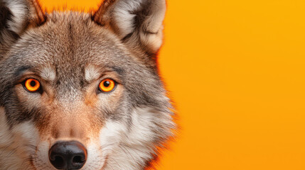 Fototapeta premium close up of wolf with striking orange eyes against vibrant orange background, showcasing its detailed fur and intense gaze