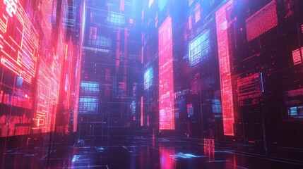 Fototapeta premium Abstract future city building tech background. Blue digital smart futuristic cityscape concept. Innovation and data hologram for virtual reality. Cyber metaverse network bg. Urban business energy