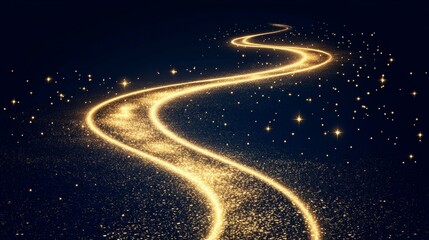 Obraz premium Magic gold dust trail with star shaped sparkles on dark transparent background. Realistic vector illustration of circle and wave path of shine glitter and shimmer particles. Can be used as png.
