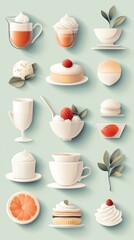 Pastel-colored minimalist food icon set, combining elegant simplicity with modern culinary design elements