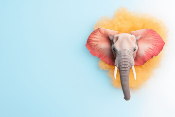 Fototapeta premium surreal close up of elephant with vibrant pink ears against soft blue background, evoking sense of wonder and creativity