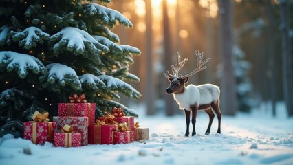 Reindeer Beside Gifts Near a Decorated Tree in a Winter Forest