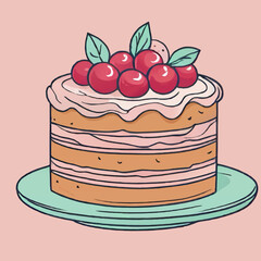 layer cake with cherries cartoon vector illustration