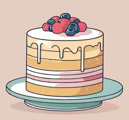 cake with cream and berries cartoon vector illustration