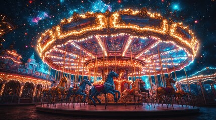 Luminous carousel horses under a starry night.