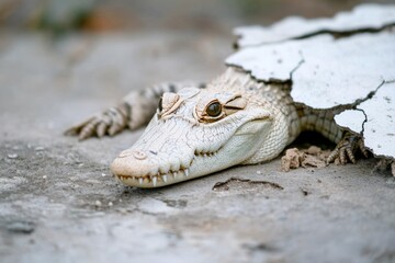 Obraz premium A white crocodile, partly concealed under cracked cement, peers out with curious anticipation.