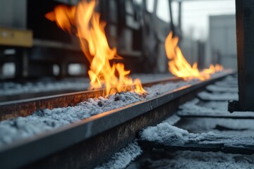 Obraz premium Bright orange flames dance along the metal tracks under frosty conditions, contrasting warmth and cold in a dynamic industrial setting.