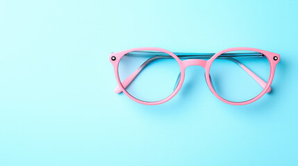 Fototapeta premium Pink glasses on pastel blue background, showcasing minimalistic design