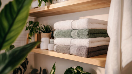 Serviettes de bain empil&eacute;es dans une salle de bain zen avec plantes vertes