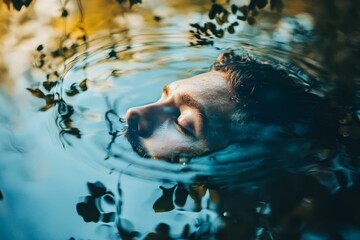 Submerged face, tranquil water, serene scene.