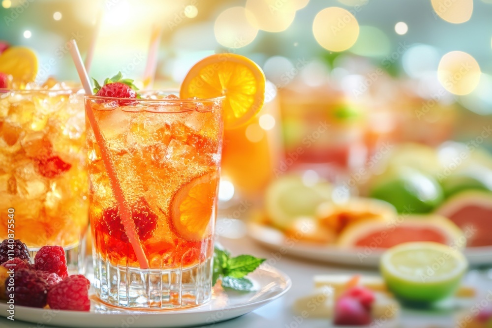 Poster brightly colored cocktails are served alongside delicious snacks and fresh fruit slices, creating a 