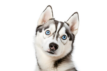 Obraz premium Portrait of blue eyed husky puppy with curious look on white background. Copyspase
