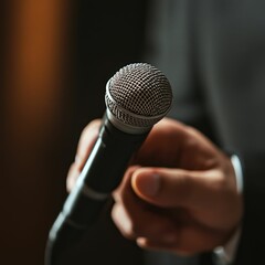 Person holds microphone, close-up view.