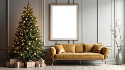 Cozy Living Room With Decorated Christmas Tree and Empty Frame