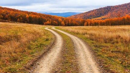 Fototapeta premium Path of beginning and start exploration, A winding dirt path meanders through a scenic landscape adorned with autumn foliage and rolling hills under a cloudy sky.