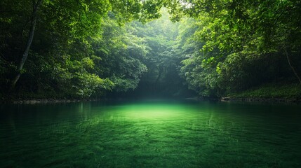 Obraz premium A lush green forest with a clear, calm river running through it