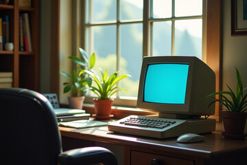 old computer sits scenic office window lovely view nature