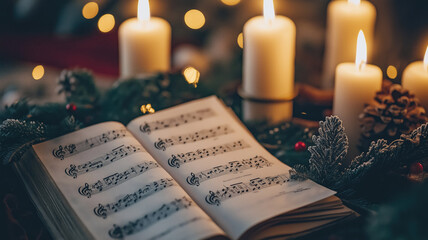 A beautiful music sheet is on a Church table with mistletoe and lit candles before a Christmas carol service takes place.