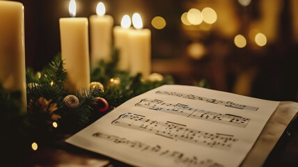 A beautiful music sheet is on a Church table with mistletoe and lit candles before a Christmas carol service takes place.