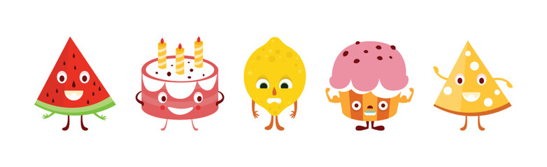 Cute Food Product with Smiling Face Vector Set