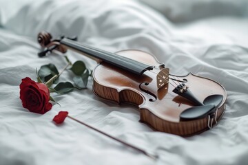 A violin and a rose rest elegantly on white sheets, blending music and romance for a serene, poetic moment in time.