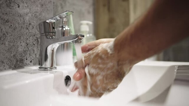 A close-up of hands washing their hands with soap emphasizes hygiene, cleanliness and self-care. The concept of freshness and hygiene rules. 