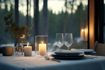 A candlelit dinner setting by large windows overlooking woods at twilight, creating an atmosphere of romance and cozy sophistication.