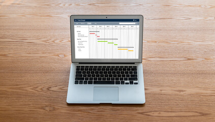 Project planning software for modish business project management on the computer screen showing timeline chart of the team project