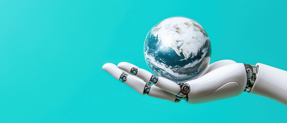 robotic hand gently holds globe, symbolizing technology and sustainability