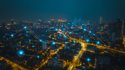 Obraz premium Abstract businessman stands on the peak of success Smart digital city with connection cyber security network reciprocity over the cityscape future wireless digital city and social media networking