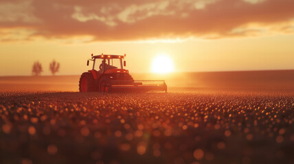 Fototapeta premium A farmer in a tractors and harvester working in the field to prepares the ground . Agriculture concept suitable for production. A tractor on a soybean farm in the spring sunset. generative ai