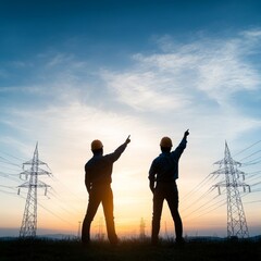 Fototapeta premium Two men are standing in a field pointing at a power line