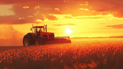 Fototapeta premium A farmer in a tractors and harvester working in the field to prepares the ground . Agriculture concept suitable for production. A tractor on a soybean farm in the spring sunset. generative ai