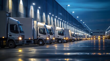 Fototapeta premium Nighttime delivery trucks lined up outside a warehouse facility. Generative AI.