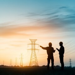 Two men standing in a field, one pointing at a power line