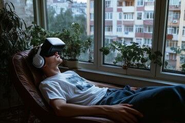 A young man relaxes with a VR headset in an urban apartment, exploring virtual worlds amid the city views, blending reality with technology.
