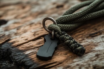 A paracord survival keychain rests on distressed wood, symbolizing rugged preparedness and adventure.