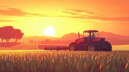 Fototapeta premium A farmer in a tractors and harvester working in the field to prepares the ground . Agriculture concept suitable for production. A tractor on a soybean farm in the spring sunset. generative ai