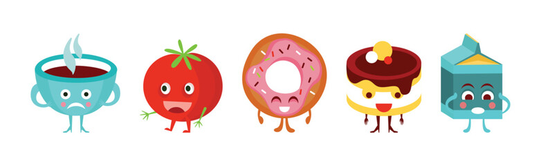 Cute Food Product with Smiling Face Vector Set