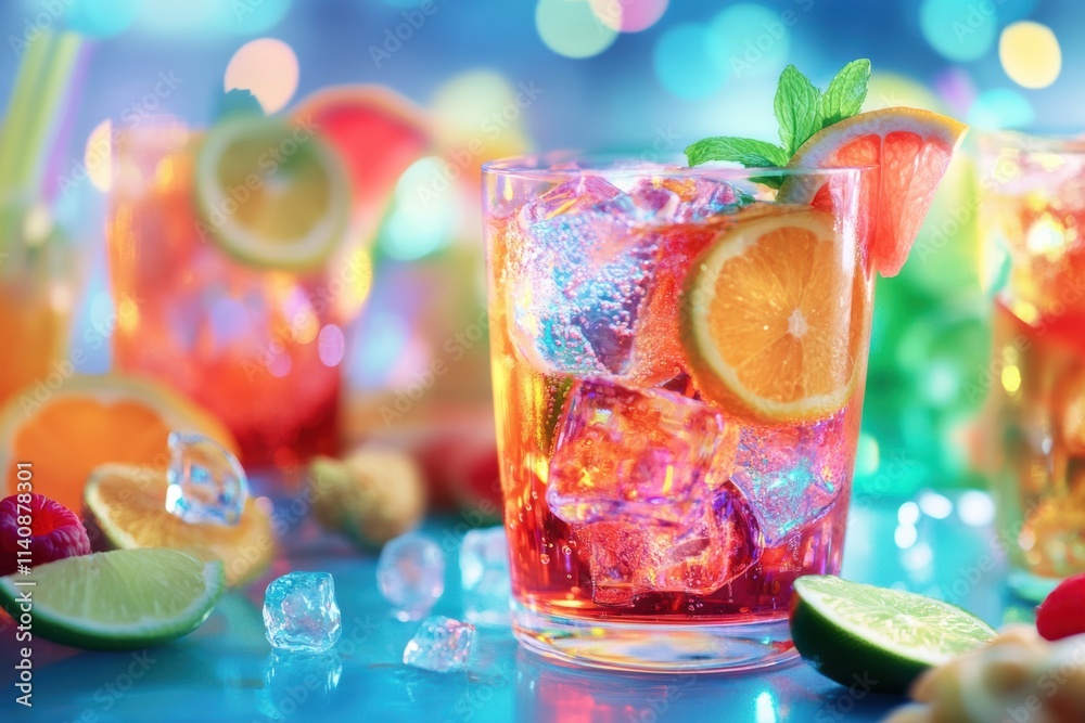 Poster vibrant cocktails filled with ice and citrus slices are served on a table, surrounded by snacks in a